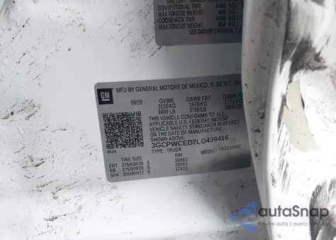 2020 Chevrolet Silverado 1500 z USA, uszkodzony, nr VIN 3GCPWCED7LG439416